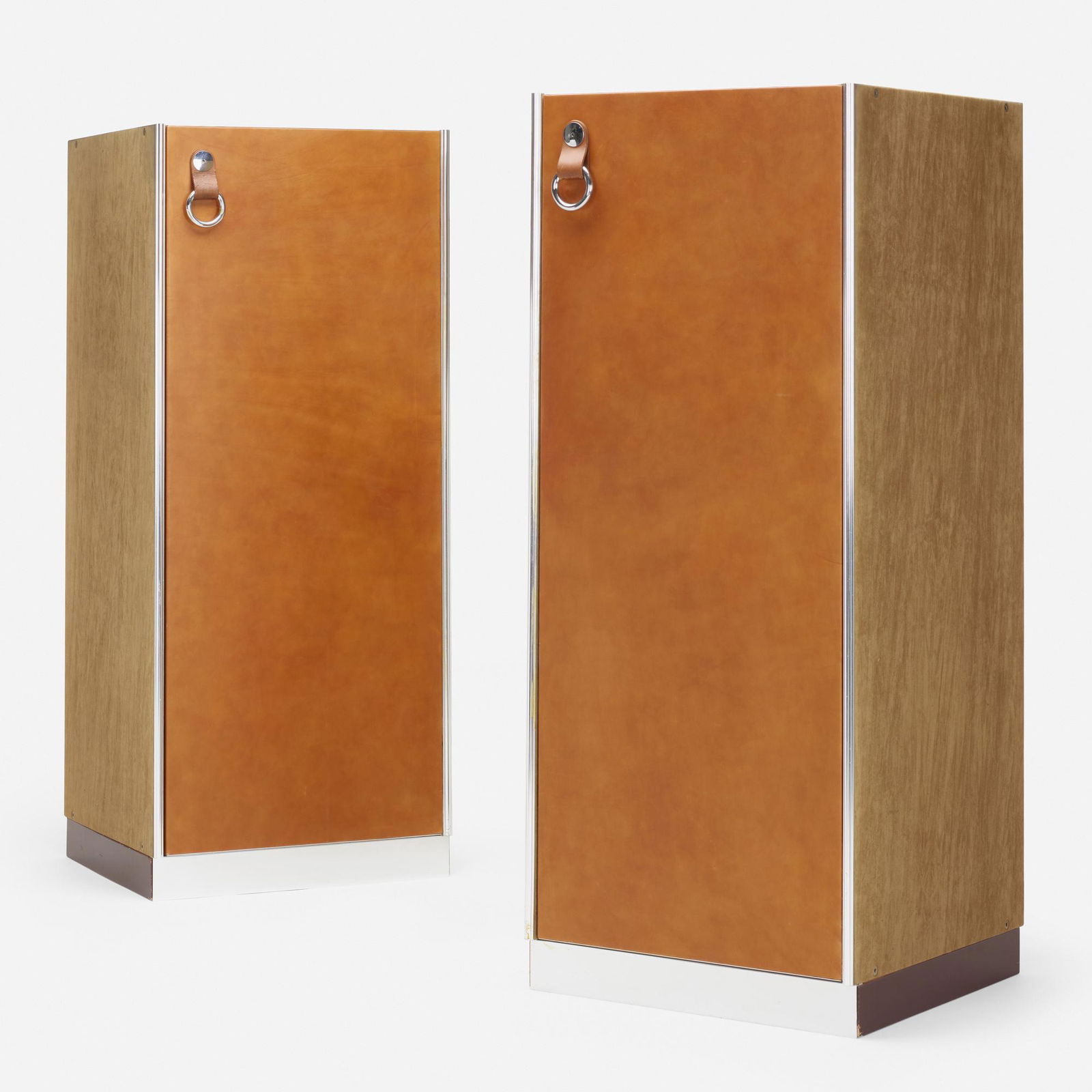 Guido Faleschini, Wardrobes, pair: Guido Faleschini Wardrobes, pair Mariani for Pace CollectionItaly, c. 1975suede, leather, aluminum, chrome-plated steel, lacquered wood 56.75 h × 23.75 w × 23.75 d in (144 × 6