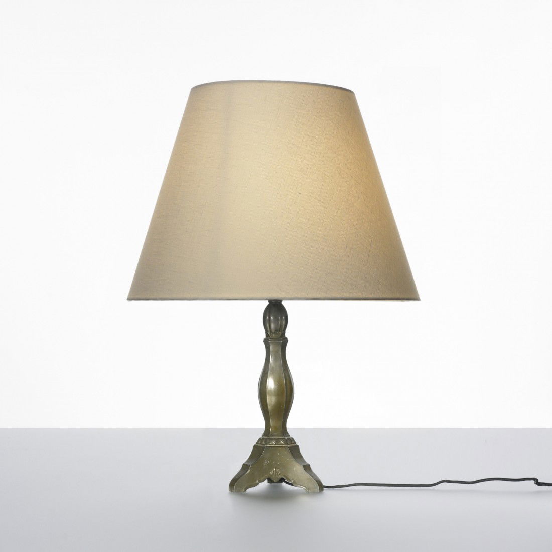 Just Andersen table lamp: Just Andersen table lamp Guldsmeds Aktiebolaget Denmark, c. 1940 bronze, linen 16 dia x 22 h inches Signed with cast manufacturer's mark to underside: [Just 01 Dansk Arbeide].