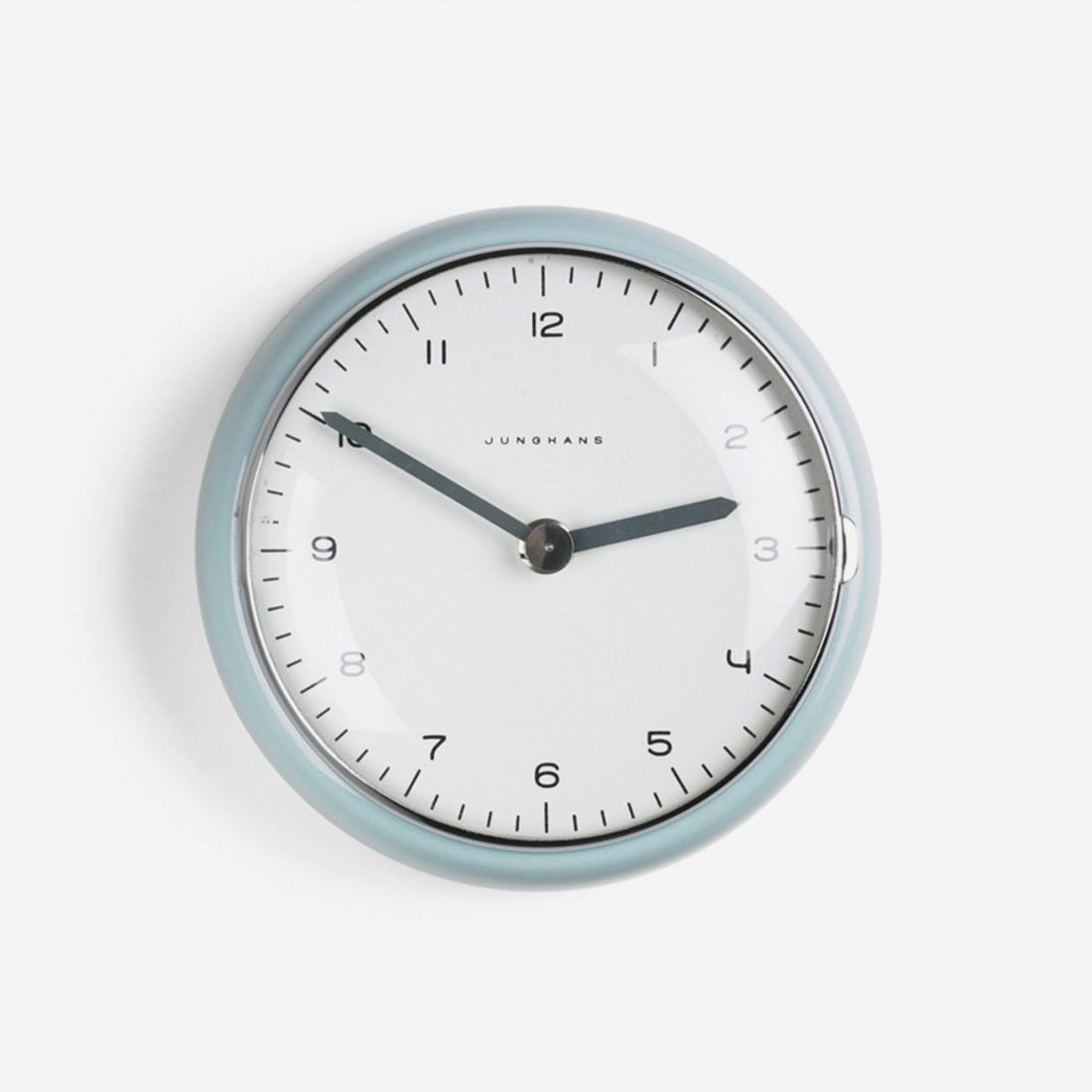 Max Bill wall clock: Max Bill wall clock Junghans Switzerland, 1954 glazed porcelain, aluminum, glass 7 dia x 4.25 h inches Signed with manufacturer's mark to face: [Junghans].