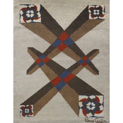 Pierre Cardin rug: Pierre Cardin rug France, c. 1970 machine-woven wool 55 w x 80 l inches Woven signature to corner: [Pierre Cardin].