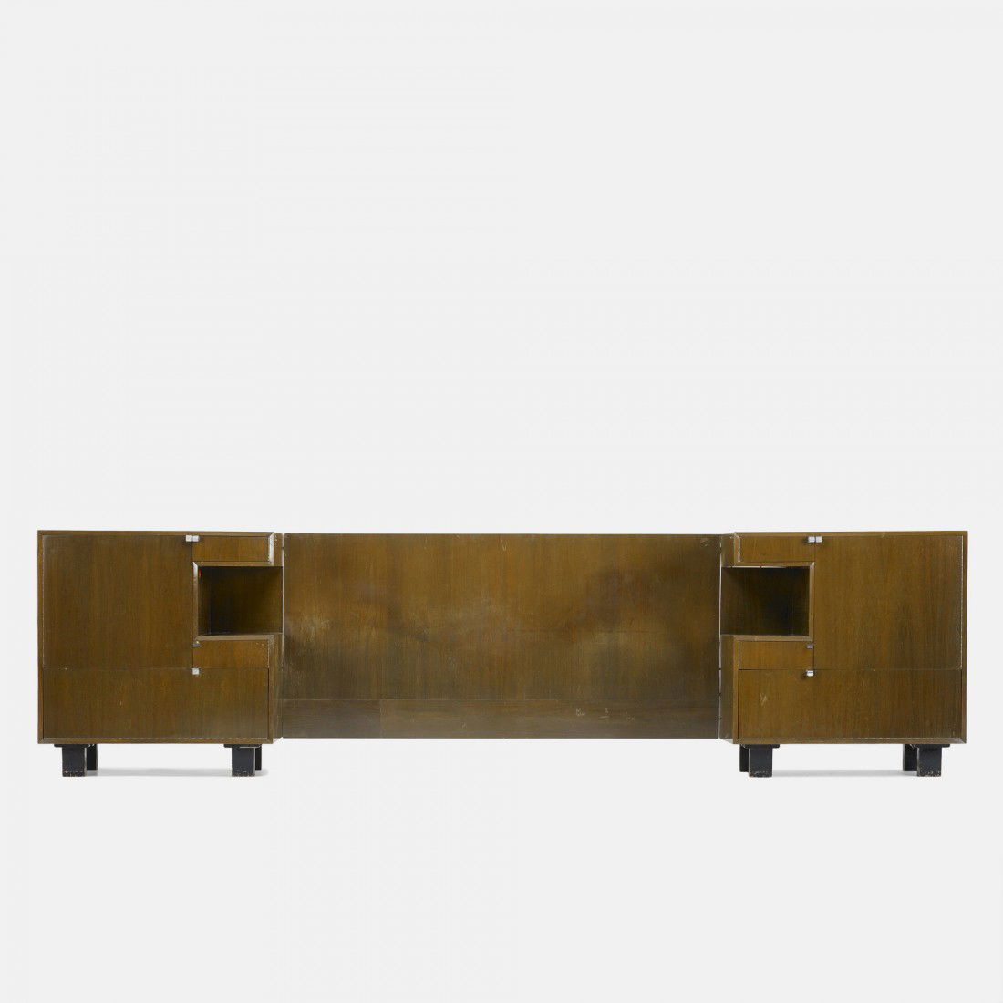 Henry Glass custom headboard and nightstands: Henry Glass custom headboard and nightstands USA, c. 1950 walnut, lacquered wood, plastic, aluminum 160 w x 20.25 d x 42.75 h inches This headboard and pair of nightstands come from the Henry P. Glass
