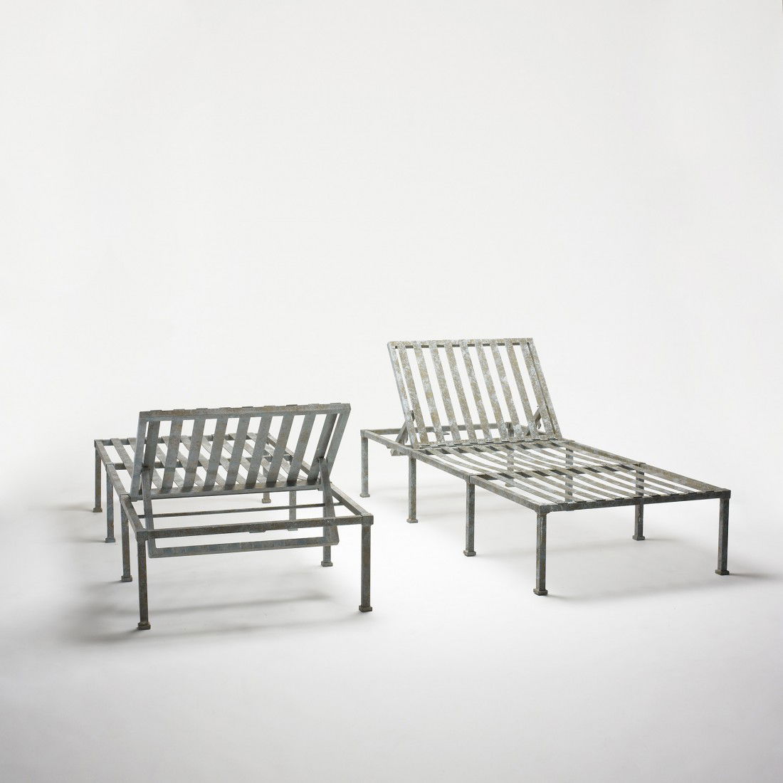 Hugh Newell Jacobsen pair of chaise lounges from W: Hugh Newell Jacobsen pair of chaise lounges from Windsor I, Vero Beach Florida Wissel Construction USA, 1997 aluminum with bronze patina, upholstery 73 w x 31 d x 27 h inches