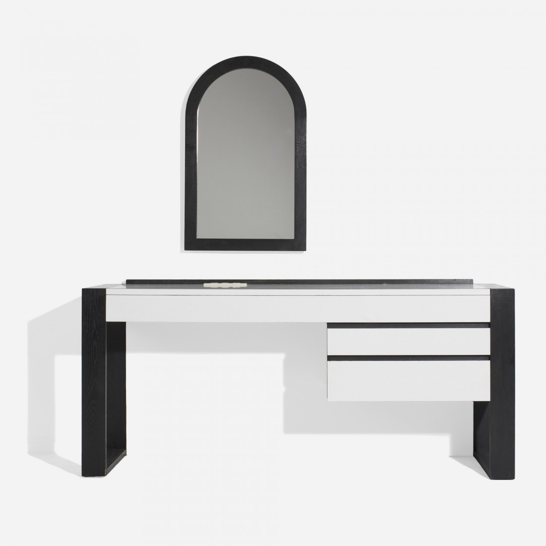 Shiro Kuramata desk with mirror from the Tsukuba C: Shiro Kuramata desk with mirror from the Tsukuba Center, Daiichi Hotel Japan, 1983 laminate, lacquered wood, mirror 63 w x 18.5 d x 29 h inches Mirror measures: 19.5 w x 2 d x 32 h inches. Literature: