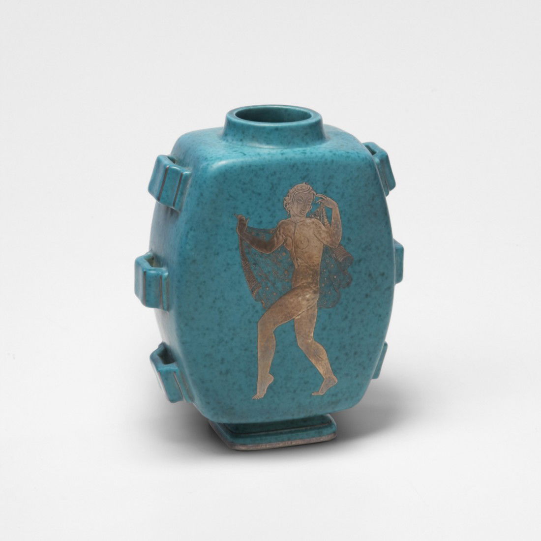 Wilhelm Kåge Argenta vase: Wilhelm Kåge Argenta vase Gustavsberg Sweden, c. 1930 glazed and gilt stoneware 7.5 w x 4.25 d x 9.25 h inches Glazed signature to underside: [Gustavsberg Argenta 1208] with anchor mark.