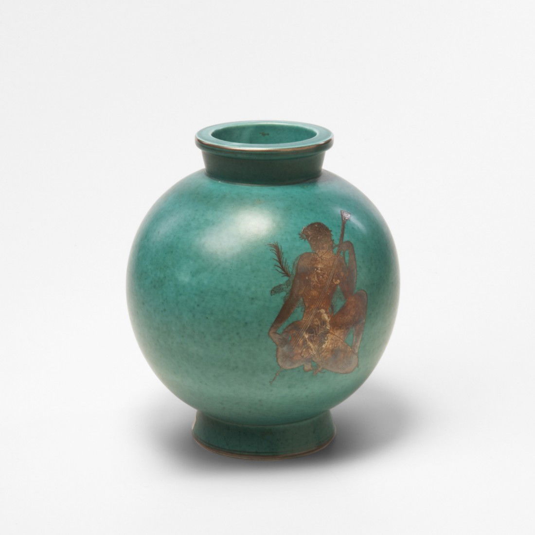 Wilhelm Kåge Argenta vase: Wilhelm Kåge Argenta vase Gustavsberg Sweden, c. 1930 glazed and gilt stoneware 9 dia x 10 h inches Impressed signature to underside: [Gustavsberg] with anchor mark and glazed markings: [Argenta 1055