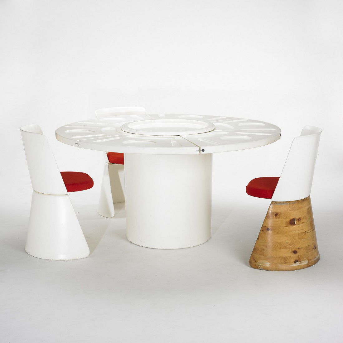 Fabio Lenci prototype dining set, model 230: Fabio Lenci prototype dining set, model 230 Bernini Italy, 1970 plastic, upholstery, enameled resin, stainless steel, pine 59 dia x 30.25 h inches Dining set includes: six chairs, six leaves and one t