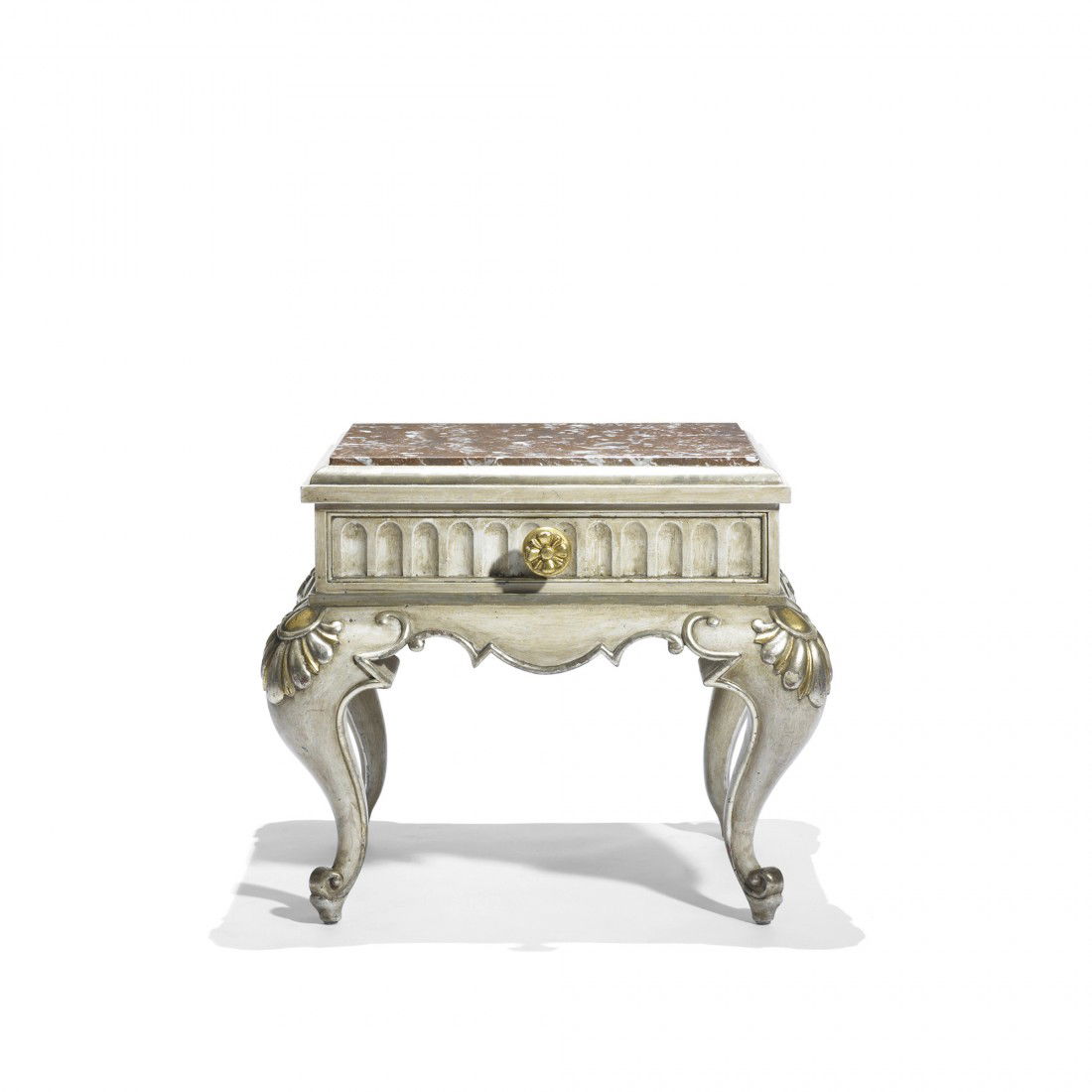 Maison Jansen occasional table: Maison Jansen occasional table France, c. 1950 lacquered and gilt wood, marble 28 w x 25 d x 24 h inches Signed with stamped manufacturer's mark to underside: [Jansen].