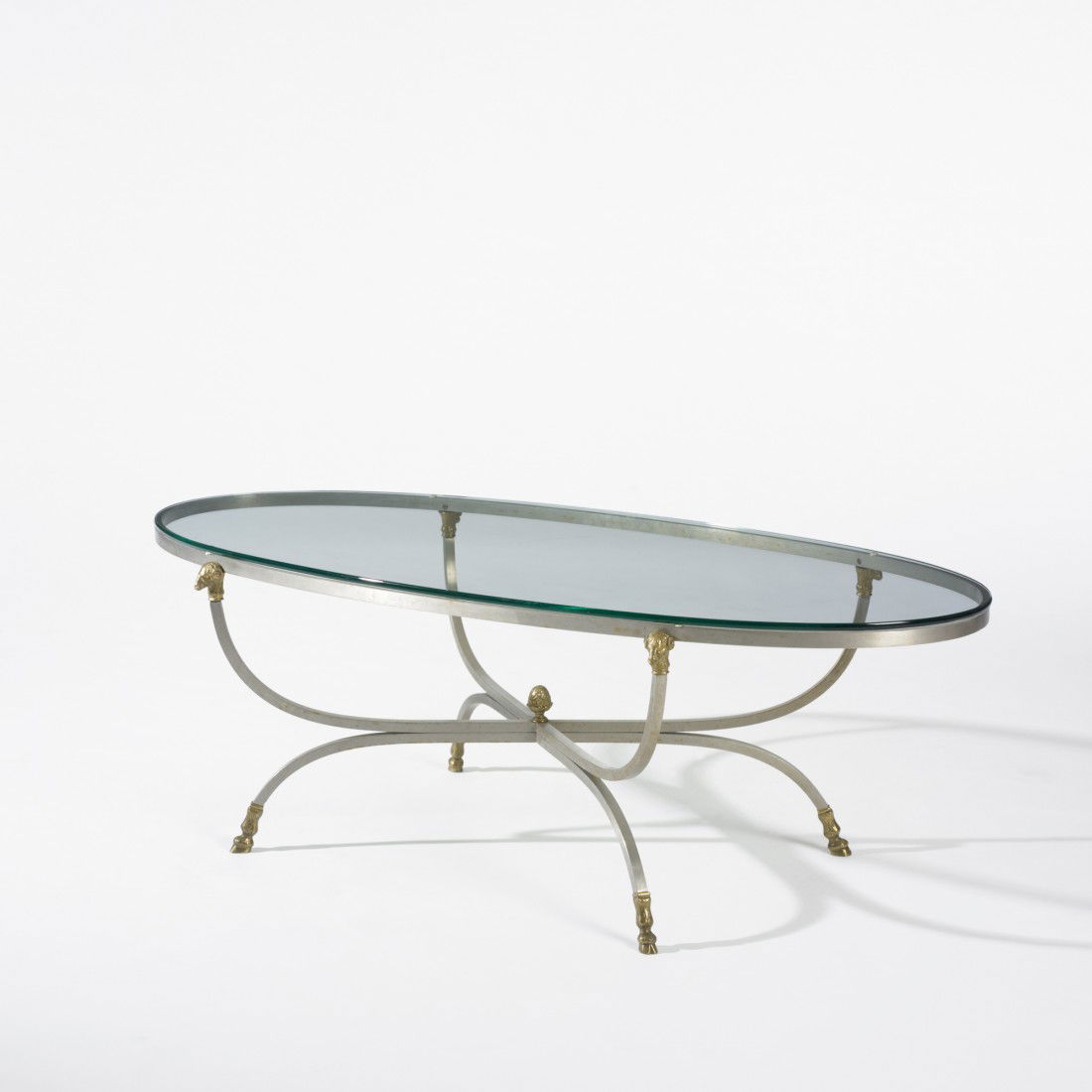 Maison Jansen, attribution coffee table: Maison Jansen, attribution coffee table France, c. 1960 brushed chrome-plated steel, glass, brass 52 w x 23 d x 17.25 h inches