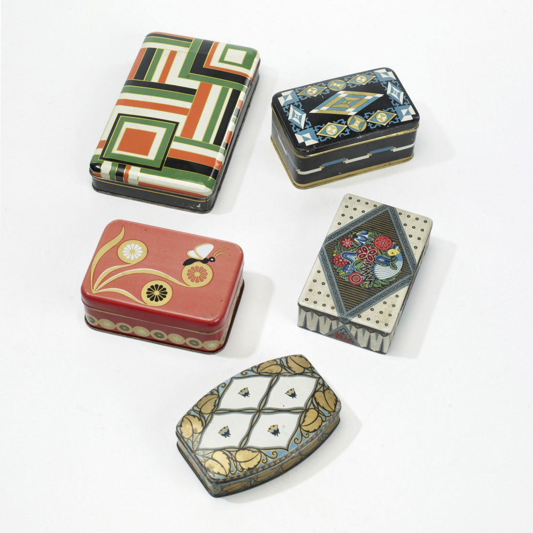 Emanuel Josef Margold collection of five cookie ti: Emanuel Josef Margold collection of five cookie tins H. Bahlsens Keks-Fabrik Austria, c. 1915 lithographic transfer print on tin 9.25 w x 5.75 d x 2 h inches Signed with stamped manufacturer's mark to