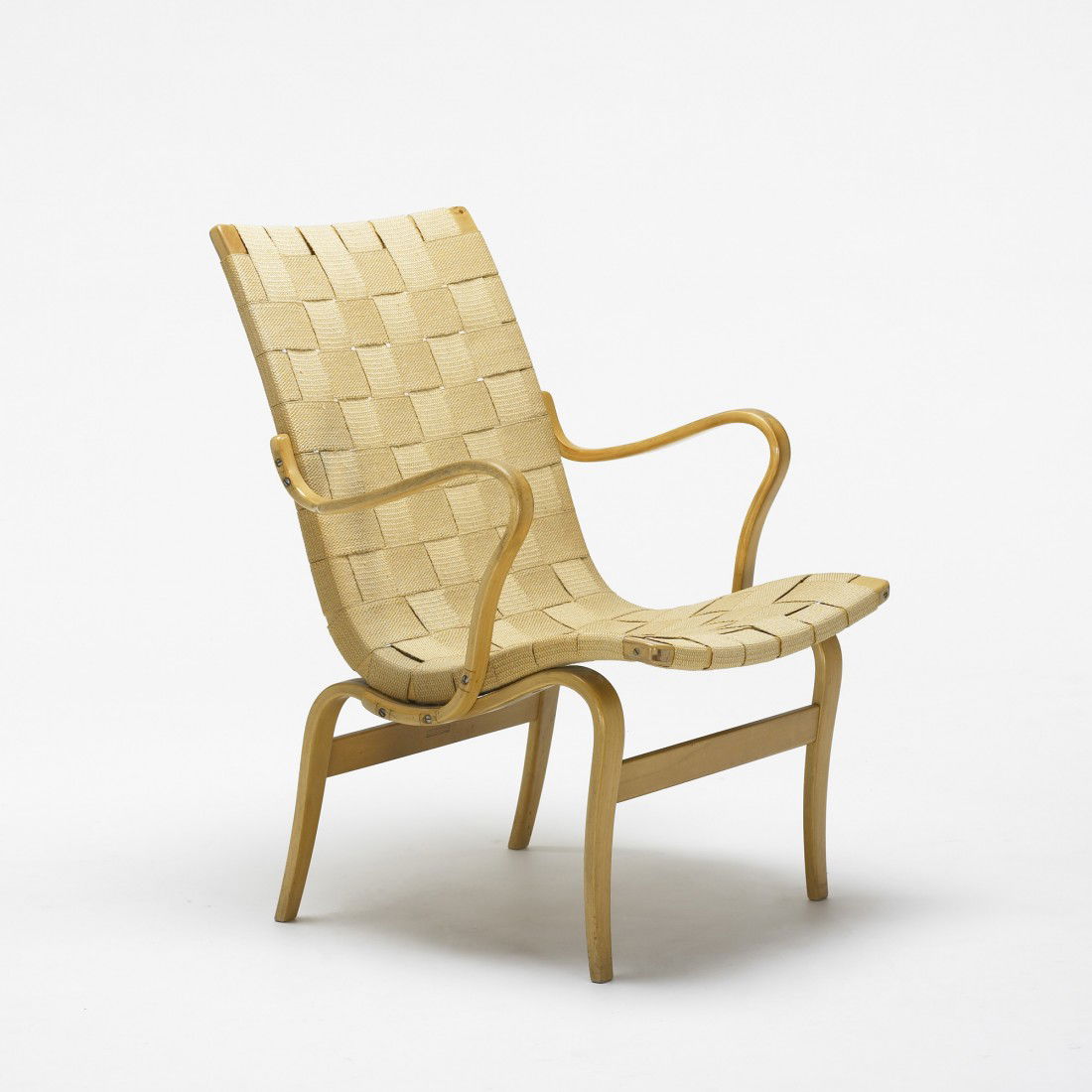 Bruno Mathsson Eva chair: Bruno Mathsson Eva chair Karl Mathsson Sweden, c. 1933 steam bent beech, birch, canvas 23 w x 27 d x 33 h inches Signed with impressed manufacturer's mark to stretcher: [Bruno Mathsson Design Made in