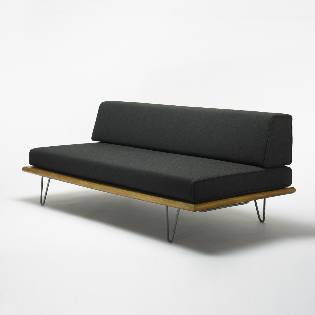 George Nelson & Associates daybed: George Nelson & Associates daybed Herman Miller USA, c. 1956 upholstery, birch, enameled aluminum, chrome-plated steel 75 w x 33.5 d x 28 h inches Signed with applied foil manufacturer's label and mar
