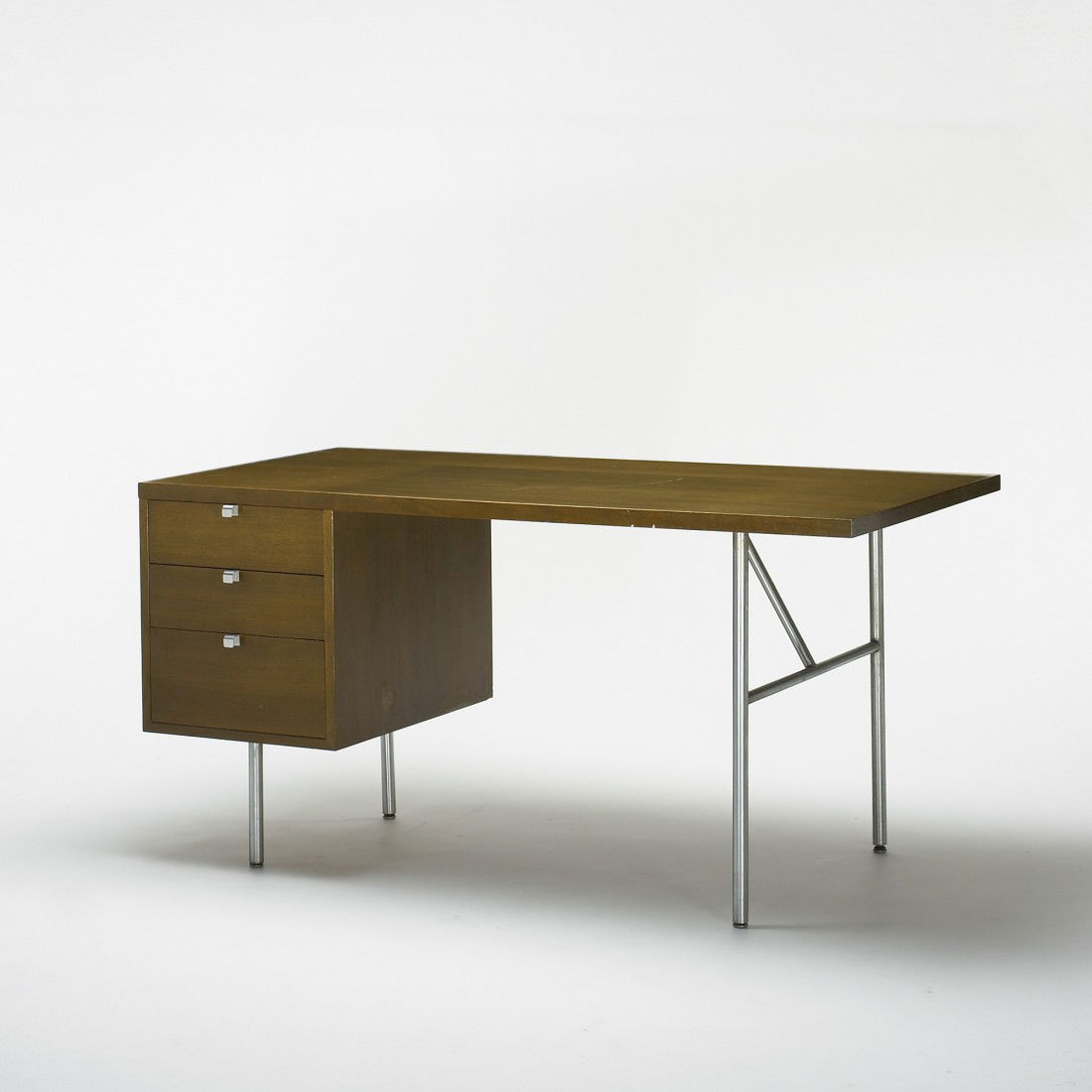 George Nelson & Associates desk: George Nelson & Associates desk Herman Miller USA, c. 1956 walnut, chrome-plated steel, aluminum 60 w x 30.75 d x 29.75 h inches Signed with applied foil manufacturer's label to drawer: [George Nelson
