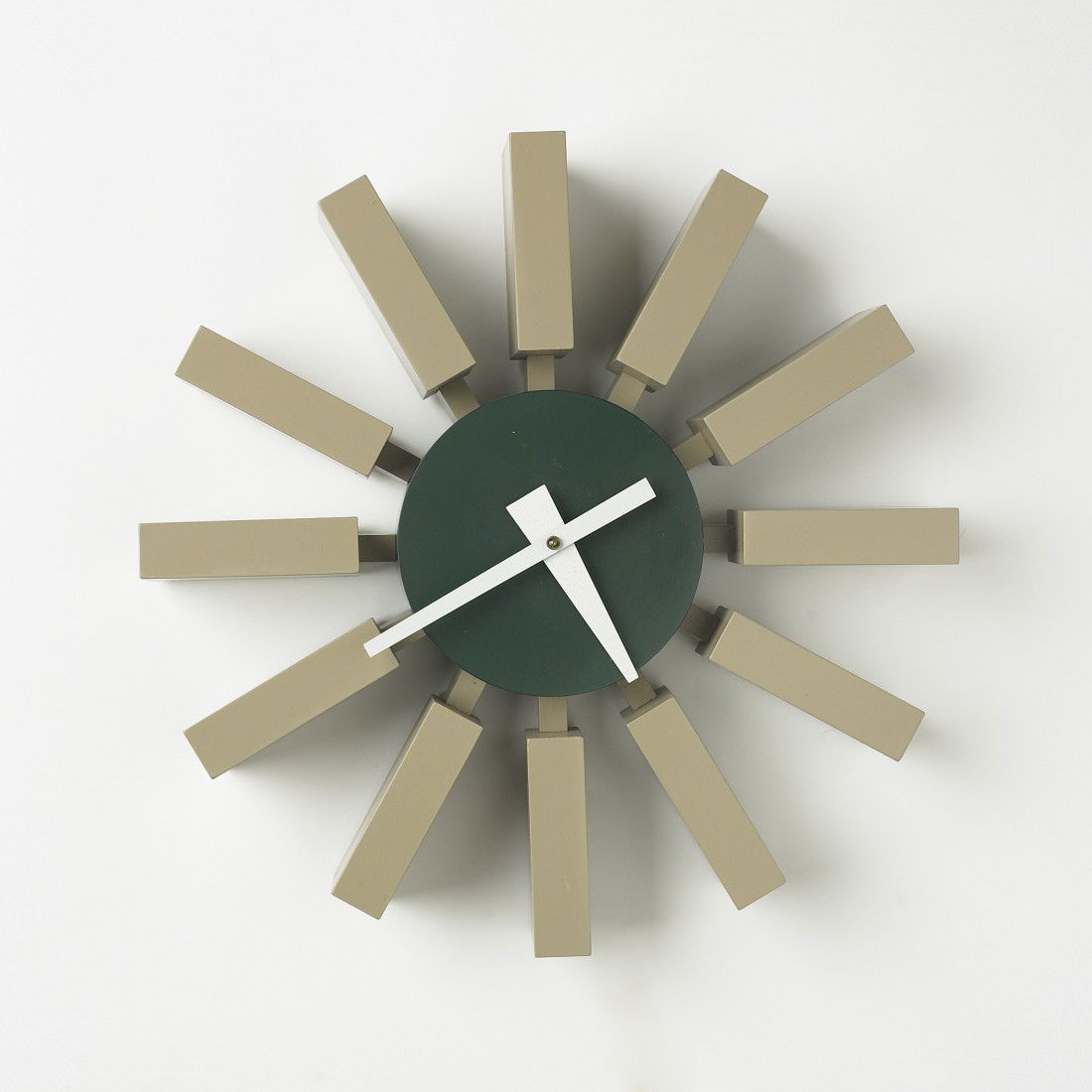 George Nelson & Associates Tab wall clock, model 2: George Nelson & Associates Tab wall clock, model 2285B Howard Miller Clock Company USA, 1959 lacquered wood, enameled aluminum 11.25 w x 2.25 d x 11.25 h inches Signed with stamped manufacturer's mark