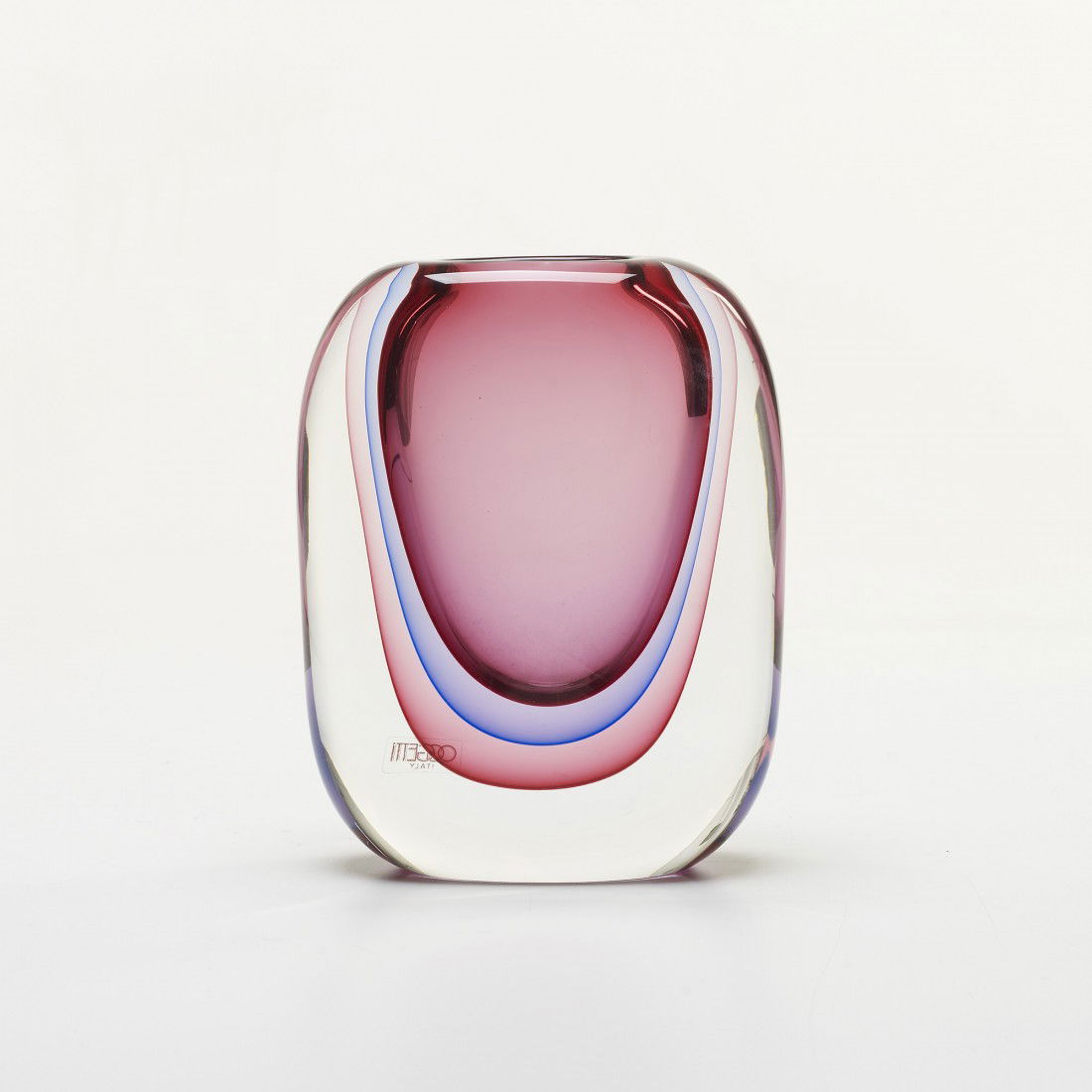 Luigi Onesto vase: Luigi Onesto vase Oggetti Italy, c. 1970 glass 7.25 w x 2.75 d x 9.5 h inches Incised signature to underside: [L. Onesto Ulunour Italy]; decal label to side: [Oggetti Italy].