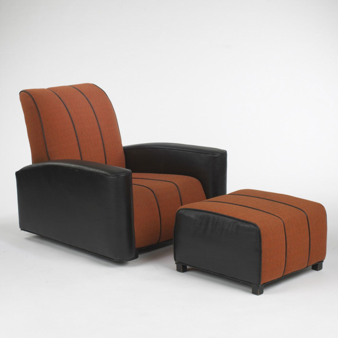 Gilbert Rohde lounge chair and ottoman: Gilbert Rohde lounge chair, model 3445-W and ottoman, model 3453-W Herman Miller USA, c. 1940 vinyl, upholstery, lacquered wood 34 w x 39 d x 32 h inches Ottoman measures: 21 w x 22 d x 13 h inches. S