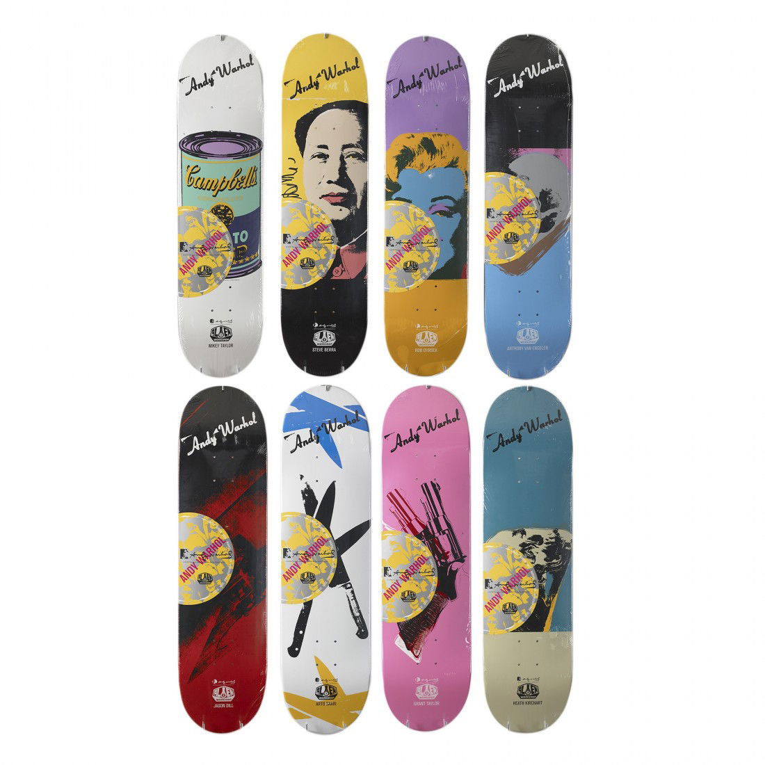 Andy Warhol skateboard decks, set of eight: Andy Warhol skateboard decks, set of eight Alien Workshop USA, 2010 acrylic, transfer printed plywood 8 w x 2.5 d x 31 h inches Signed to insert manufacturer's label between acrylic and deck of each e