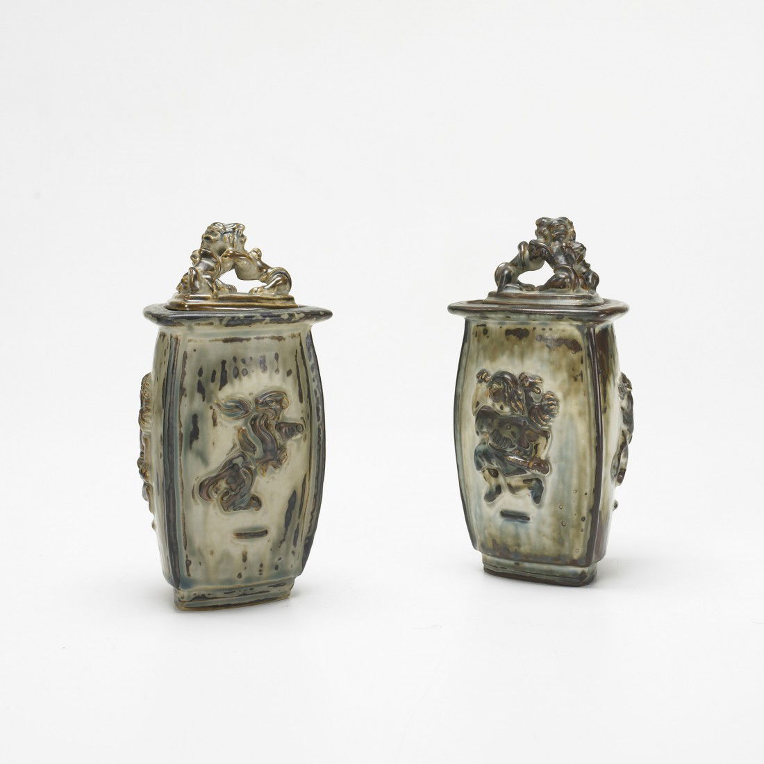 Bode Willumsen lidded vessels, pair: Bode Willumsen lidded vessels, pair Royal Copenhagen Denmark, c. 1940 glazed stoneware 4 w x 4 d x 8 h inches