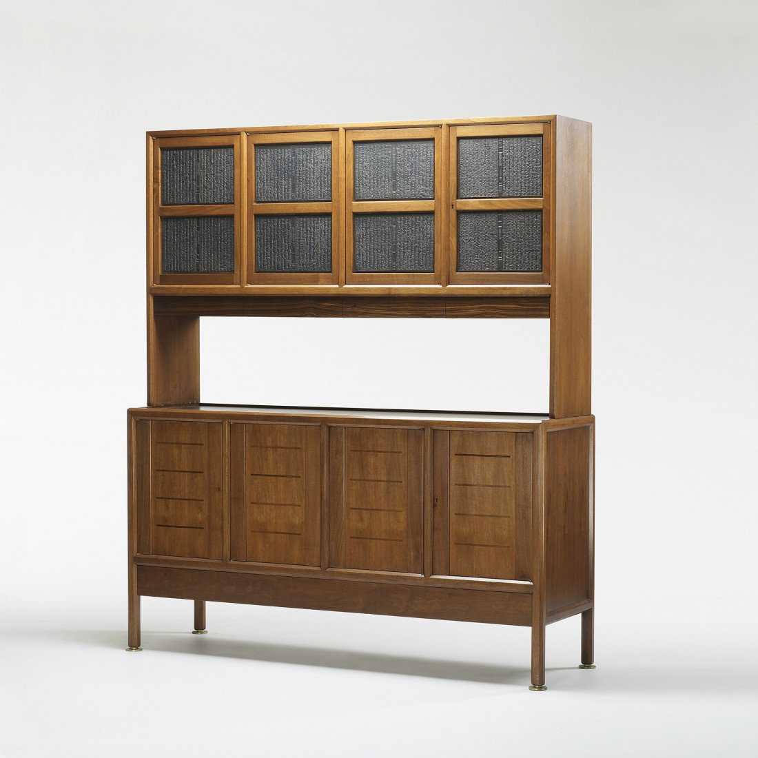 Edward Wormley cabinet, models 5723B and 5724: Edward Wormley cabinet, models 5723B and 5724 Dunbar USA, 1957 walnut, lacquered wood, terrazzo, brass 66 w x 20 d x 77 h inches Antique carved Japanese print blocks decorate the upper cabinet doors. 