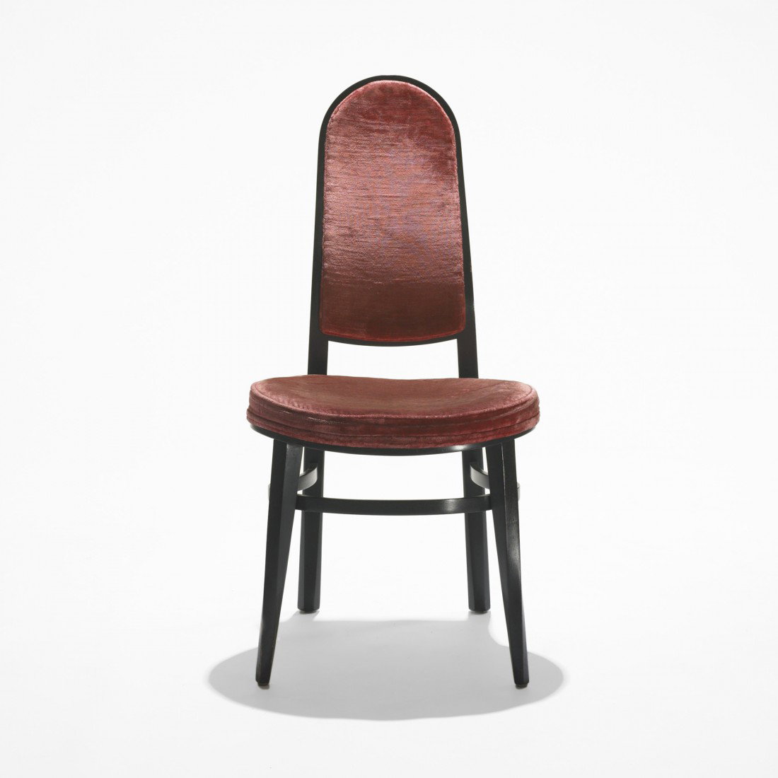 Edward Wormley desk chair: Edward Wormley desk chair Dunbar USA, c. 1967 lacquered mahogany, upholstery 19.5 w x 21 d x 39 h inches Signed with applied gold 'D' manufacturer's label to underside: [Dunbar Berne, Indiana].