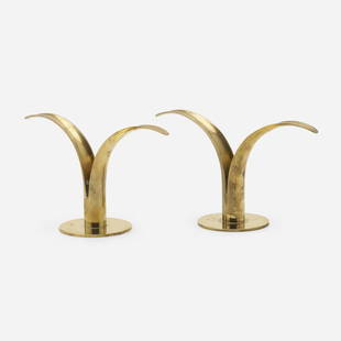 Ivar Alenius Bjork, Liljan candle holders, pair: Ivar Alenius Bjork Liljan candle holders, pair Ystad-MetallSweden, c. 1945brass 4.25 h &times; 8.5 w &times; 3.25 d in (11 &times; 22 &times; 8 cm) Impressed manufacturer's mark to under