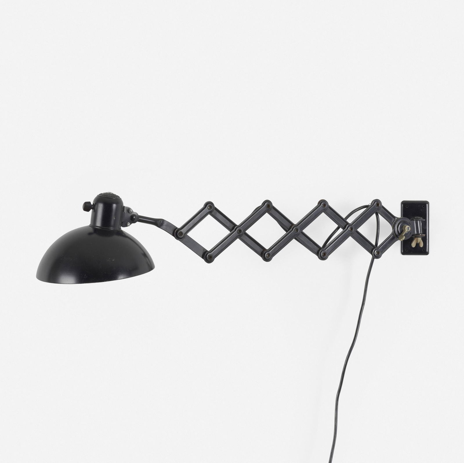 Christian Dell, Scissor wall lamp: Christian Dell Scissor wall lamp Kaiser IdellGermany, c. 1935enameled steel, Bakelite, aluminum 9 h × 8.5 w × 24 d in (23 × 22 × 61 cm) Molded manufacturer's mark
