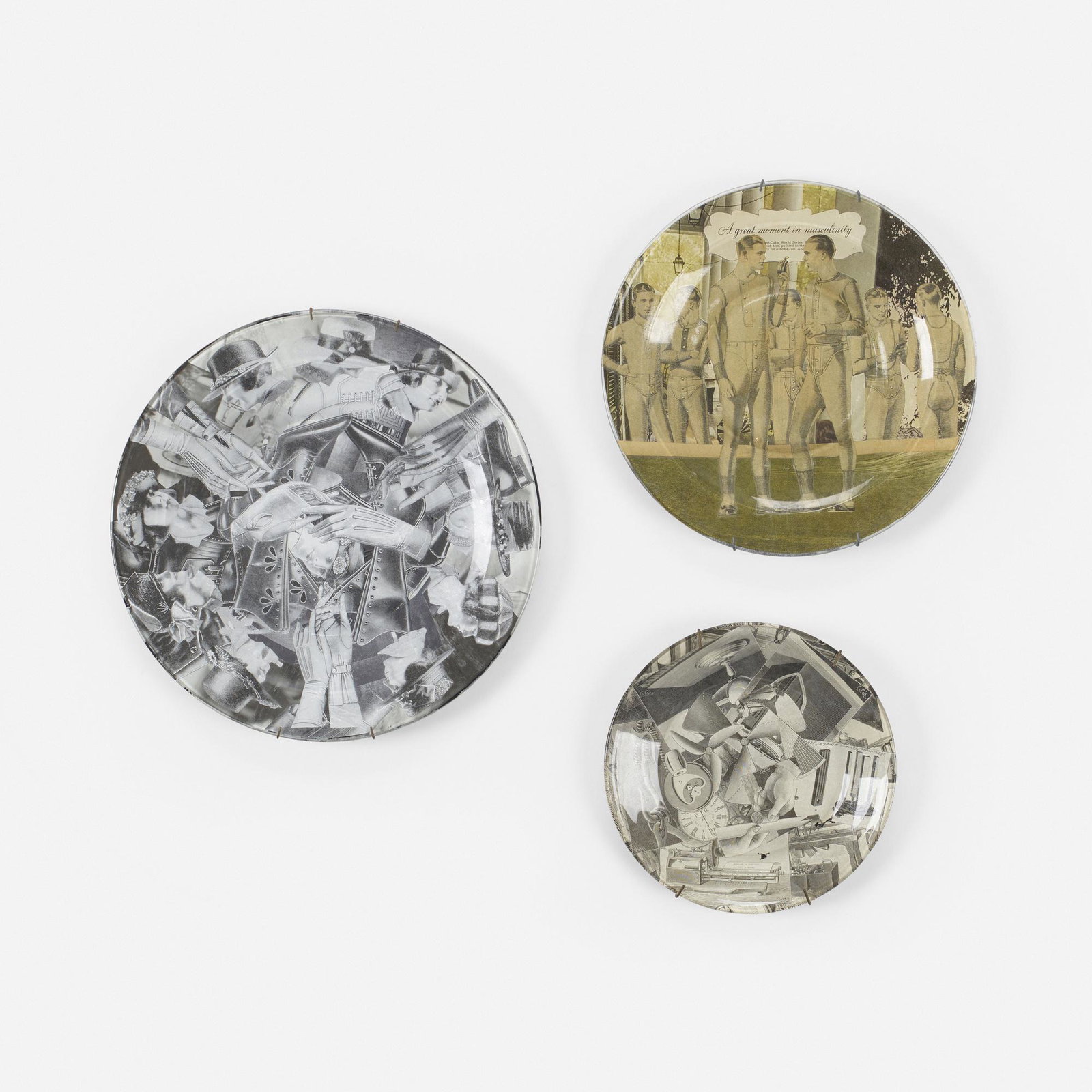 James Garnett Faulkner, Plates, set of three: James Garnett Faulkner Plates, set of three 1997 reverso-collage on clear glass 1 h × 11.75 dia in (3 × 30 cm) 1 h × 10.25 dia in (3 × 26 cm) 1 h × 8 dia in (3 &tim
