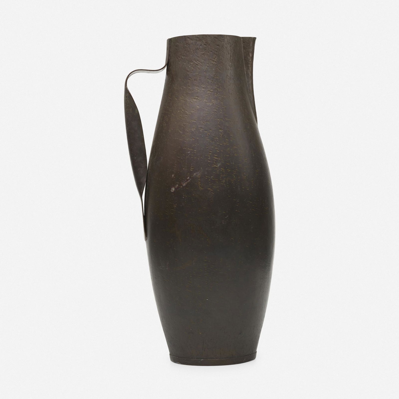 Hayno Focken, Monumental pitcher: Hayno Focken Monumental pitcher Kunstgewerbeschule Burg GiebichensteinGermany, c. 1932patinated brass 26.5 h × 12.5 w × 10.5 d in (67 × 32 × 27 cm) Impressed manu
