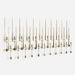 Pierre Forsell, Lampett candleholders, set of 23: Pierre Forsell Lampett wall-mounted candleholders, set of twenty-three SkultunaSweden, c. 1965brass 19 h × 1.5 w × 3.25 d in (48 × 4 × 8 cm) Impressed manufacture