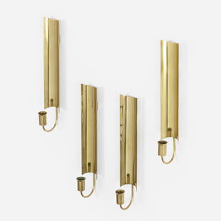 Pierre Forsell, Reflex candleholders, set of four: Pierre Forsell Reflex wall-mounted candleholders, set of four SkultunaSweden, c. 1965brass 15 h &times; 2.5 w &times; 3.5 d in (38 &times; 6 &times; 9 cm) Impressed manufacturer's mark t