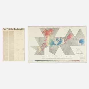 R. Buckminster Fuller, Poster and document: R. Buckminster Fuller Dymaxion Airocean World Map poster and Fuller Projective-Transformation document 1954 offset lithograph in colors 22 h × 34 w in (56 × 86 cm) Signed to lower