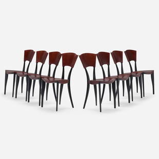 Joseph Mancini & Gaby Fois Dorell, Dining chairs: Joseph Mancini and Gaby Fois Dorell Dining chairs, set of eight Sawaya & Moroni Italy, c. 2000 stained mahogany, lacquered wood 35.75 h × 17.75 w × 20.5 d in (91 × 45 × 52