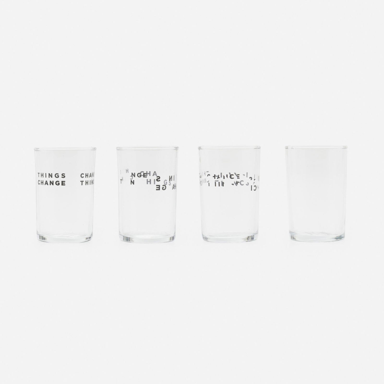 Roy McMakin, The Broken Juice Glass: Roy McMakin The Broken Juice Glass 2008screenprinted glass box: 3.5 h × 5.5 w × 13.5 l in (9 × 14 × 34 cm) Set is comprised of four six-ounce glasses. Signed and number