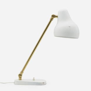 Vilhelm Lauritzen, Table lamp: Vilhelm Lauritzen Table lamp Louis PoulsenDenmark, c. 1960brass, enameled aluminum, enameled steel 19.5 h × 5.5 w × 12.25 d in (50 × 14 × 31 cm) This work will ship from Wrigh