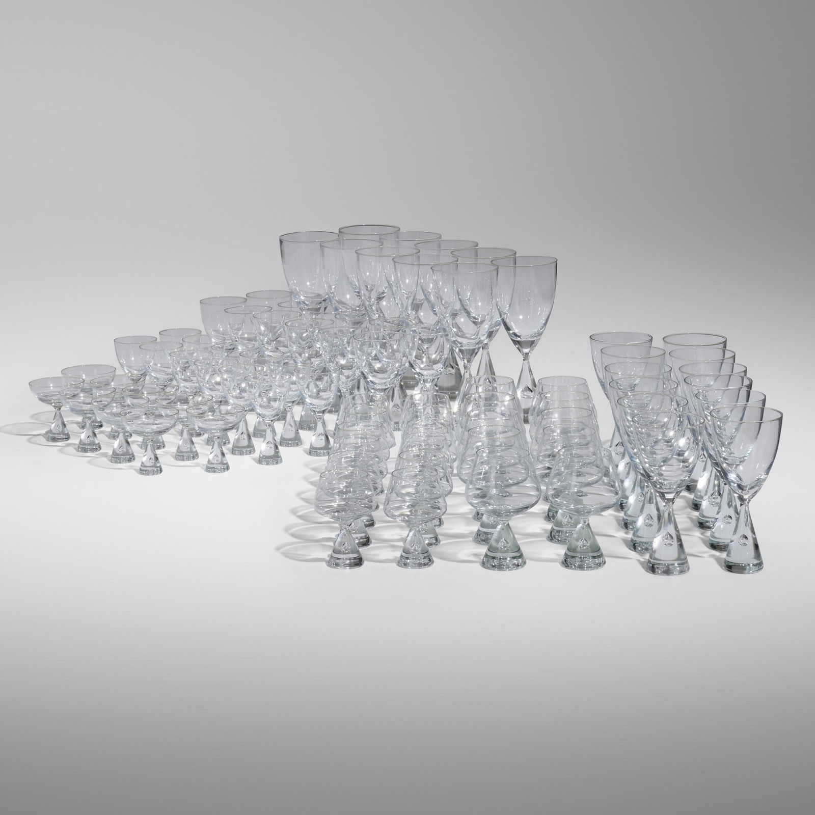 Bent Severin, Princess glassware collection: Bent Severin Princess glassware collection Kastrup-HolmegaardDenmark, 1957glass largest: 8.25 h × 3.5 dia in (21 × 9 cm) smallest: 3 h × 2.75 dia in (8 × 7 cm)