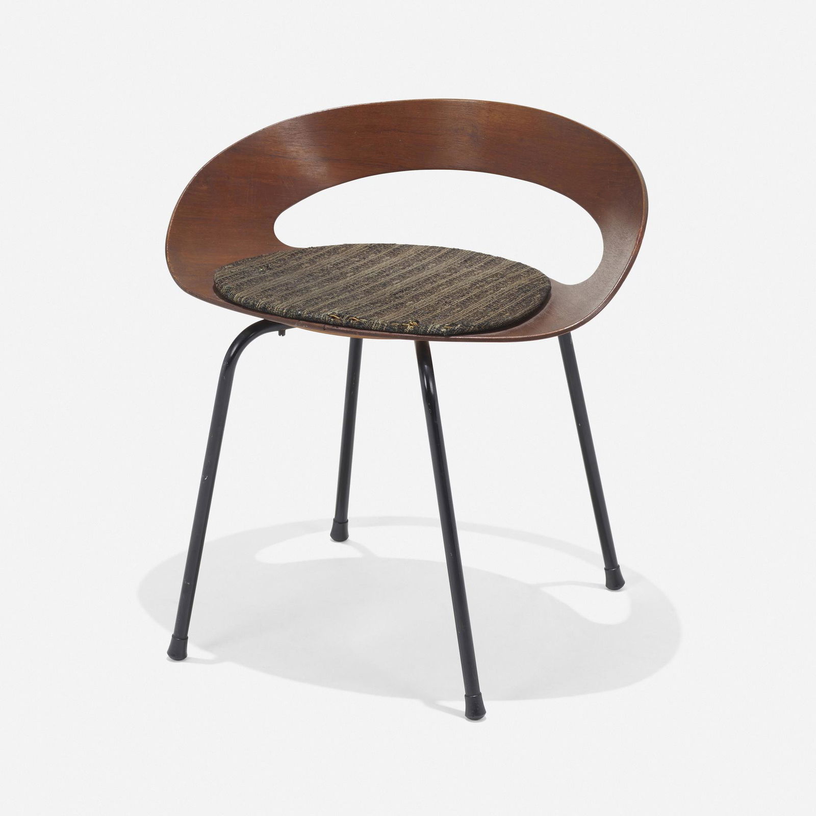 Luciano Nustrini, PA 1 stool: Luciano Nustrini PA 1 stool PoltronovaItaly, 1957teak plywood, enameled steel, upholstery, rubber 22 h × 21.75 w × 16.5 d in (56 × 55 × 42 cm) Exhibited:<
