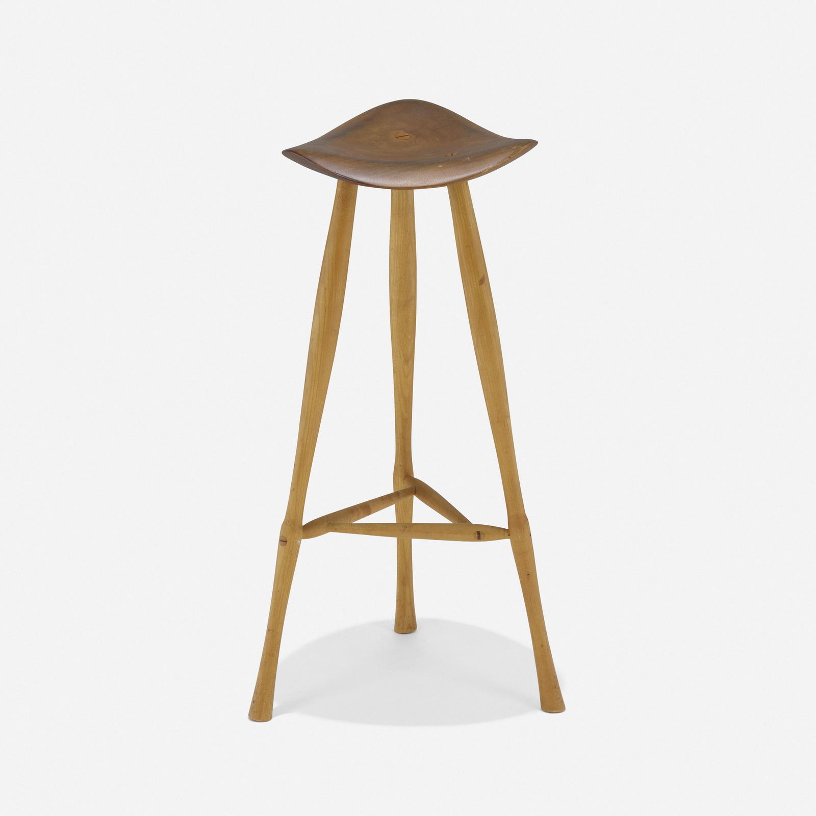 Karl Seemuller, Stool: Karl Seemuller Stool USA, c. 1975cherry, walnut 25 h × 12.5 w × 10.5 d in (63 × 32 × 27 cm) Exhibited: Stools from the JF Chen Collection, 5 May