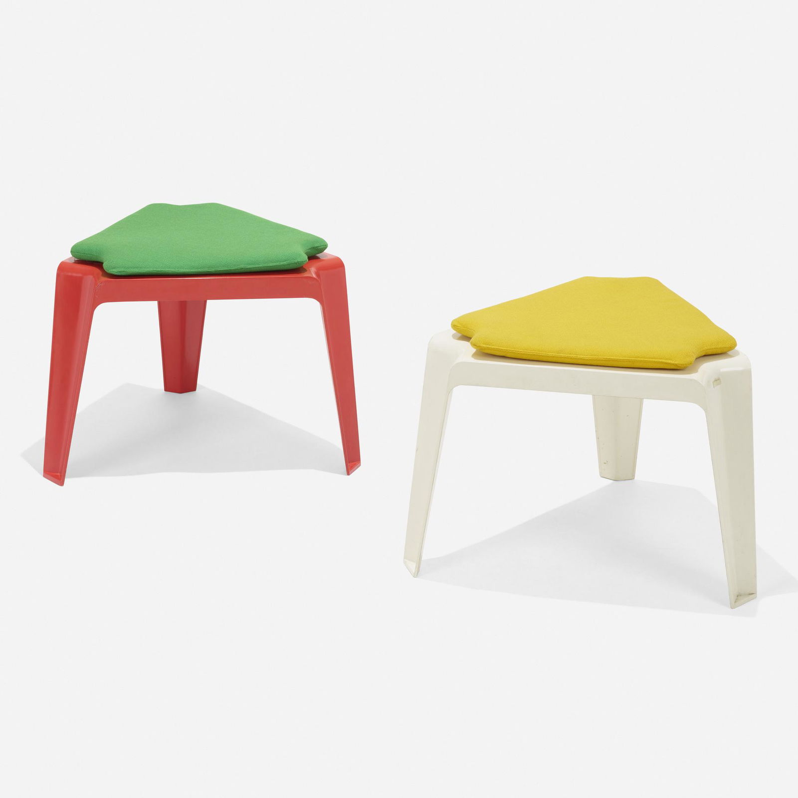Helmut Batzner, Stools, pair: Helmut Batzner Stools, pair BofingerGermany, c. 1960molded plastic, upholstery 15.25 h × 22.5 w × 19.5 d in (39 × 57 × 50 cm) Decal manufacturer's label to unders
