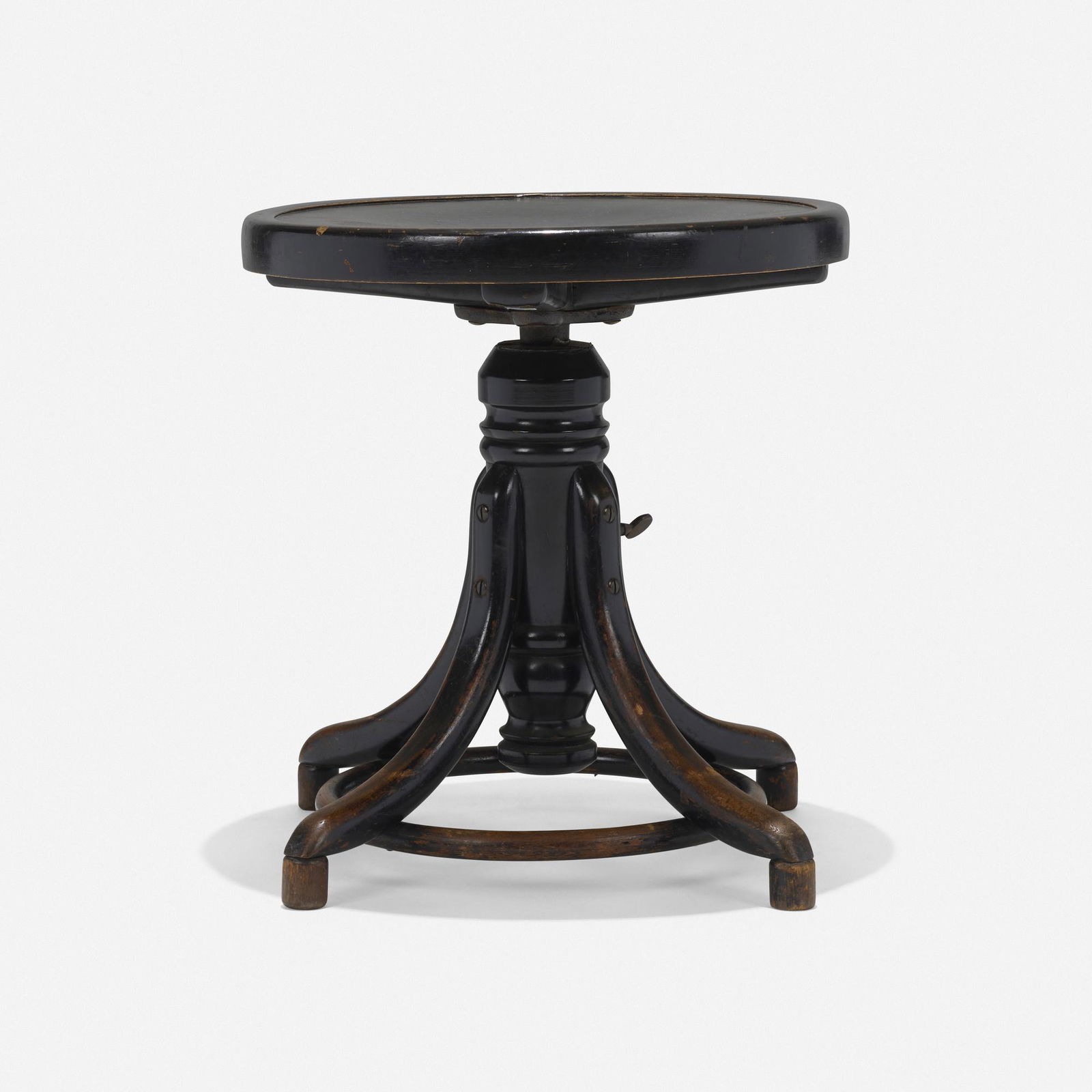Thonet-Mundus, Piano stool: Thonet-Mundus Piano stool Czechoslovakia, c. 1920lacquered wood, cast iron 18 h × 19.5 w × 19.5 d in (46 × 50 × 50 cm) Impressed manufacturer's mark to underside 'Mundu