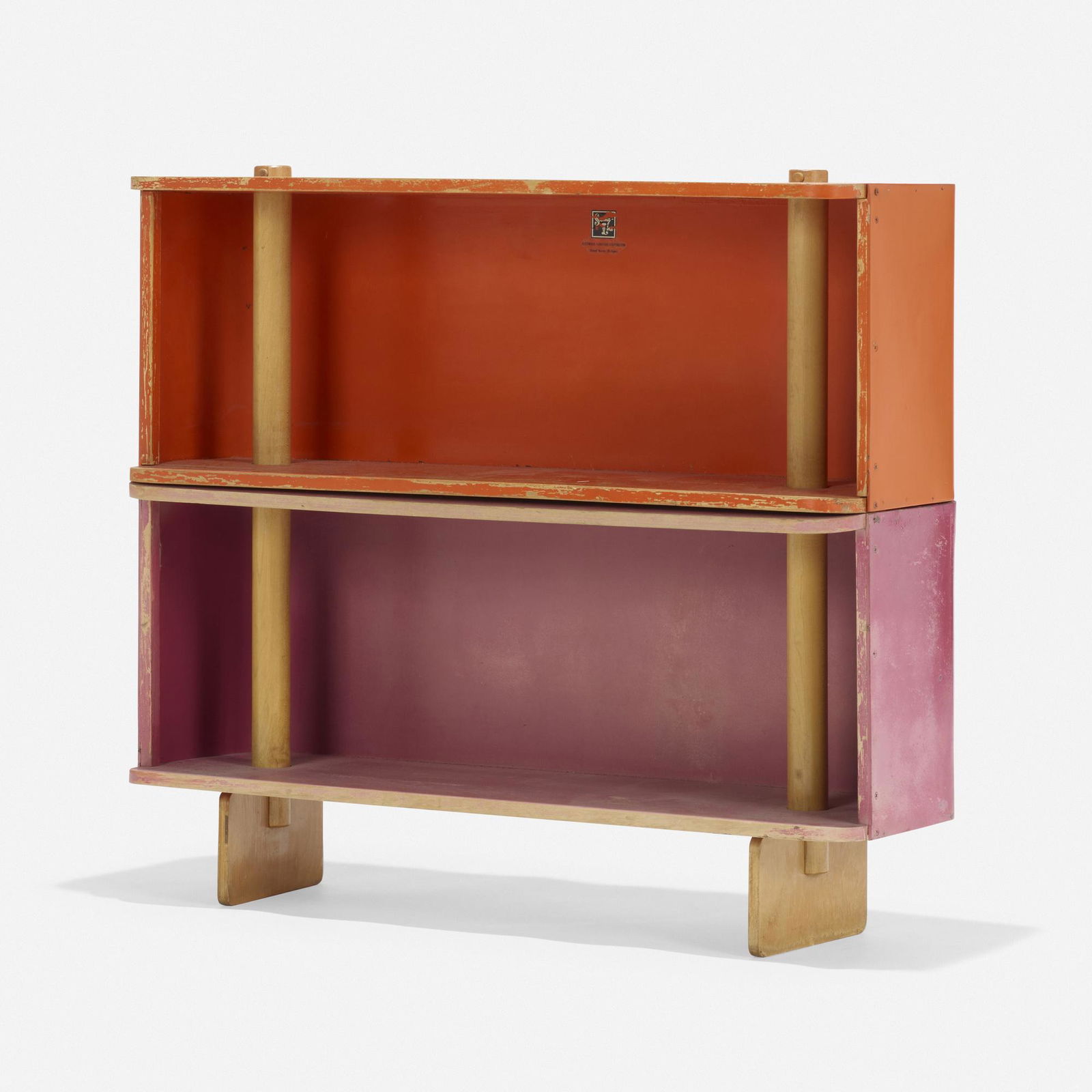 Henry P. Glass, Swingline bookcase: Henry P. Glass Swingline bookcase Fleetwood Furniture CompanyUSA, 1952lacquered wood, birch plywood 29 h × 32 w × 10.5 d in (74 × 81 × 27 cm) Signed with decal ma