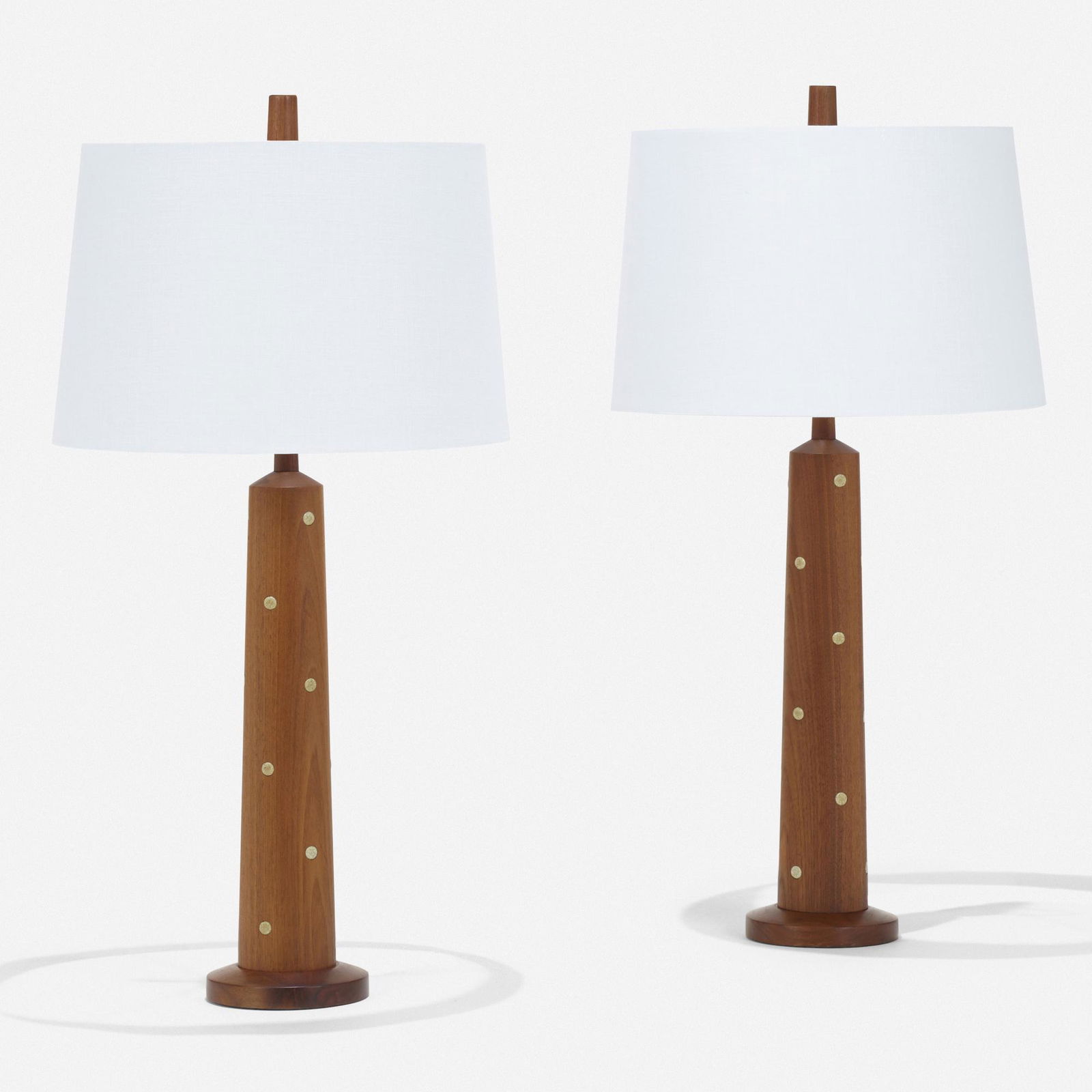 Gordon and Jane Martz, Table lamps, pair: Gordon and Jane Martz Table lamps, pair Marshall StudiosUSA, c. 1960walnut, ceramic inlay, linen shades, brass, chrome-plated steel 33.5 h × 17.25 dia in (85 × 44 cm)