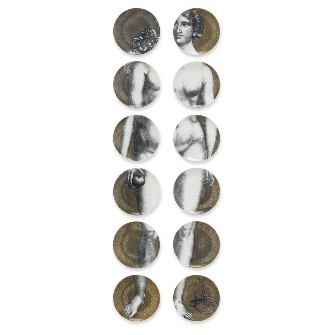 Piero Fornasetti Eve plates, set of twelve: Piero Fornasetti Eve plates, set of twelve Fornasetti Milano Italy, 1954 transfer-printed porcelain 10 dia x 52 h inches Signed with stamped manufacturer's mark to underside of each example: [EVA Forn