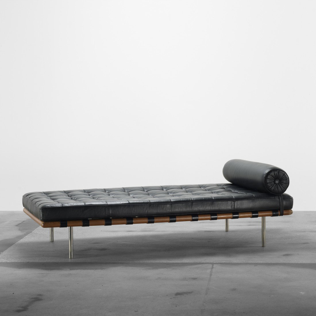 Ludwig Mies van der Rohe Barcelona daybed: Ludwig Mies van der Rohe Barcelona daybed Knoll International Germany, 1928/c. 1980 leather, walnut, stainless steel 78 w x 40 d x 24.5 h inches Signed with decal manufacturer's label to underside: [K