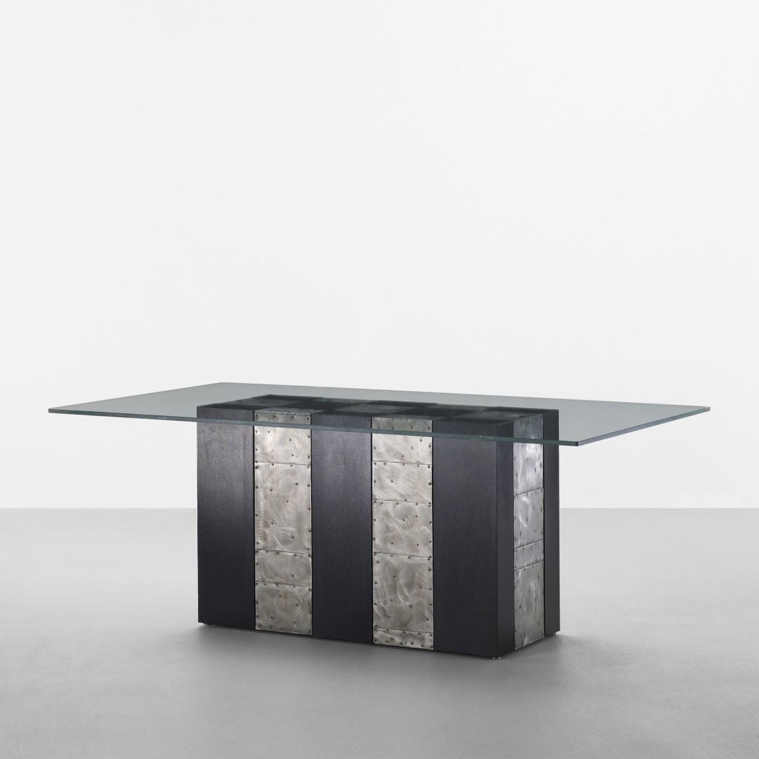 After Paul Evans dining table: After Paul Evans dining table USA, c. 1968 patinated aluminum, laminate, glass 78 w x 42 d x 29.5 h inches Provenance: Collection of John R. Eckel, Jr.