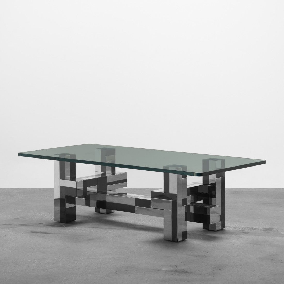 Paul Evans Cityscape coffee table: Paul Evans Cityscape coffee table Paul Evans Studio for Directional USA, c. 1970 chrome-plated steel, enameled steel, glass 53.75 w x 26 d x 16.25 h inches Provenance: Collection of John R. Eckel, Jr.