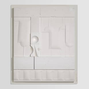 Abe Ajay, White Relief #1078: Abe Ajay White Relief #1078 1978gypsum, fiberglass and polymer 14.5 h × 12 w in (37 × 30 cm) Incised signature and date to lower right of frame 'Ajay 78'. Signed to verso 'Abe Ajay