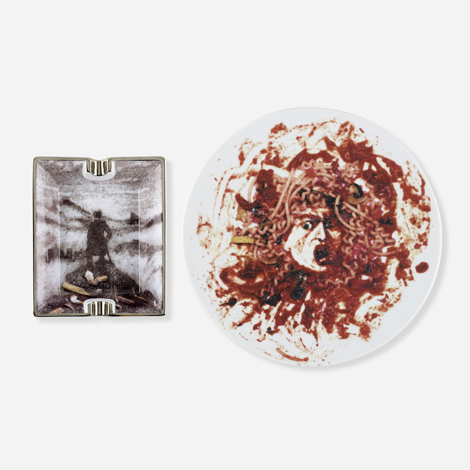 Vik Muniz, Plate; Ashtray: Vik Muniz Plate; Ashtray (two works from the Peter Norton Christmas Project) 1999glazed earthenware plate: 12 dia in (30 cm) ashtray: 1.5 h × 7.75 w × 6.5 d in (4 × 20 × 17