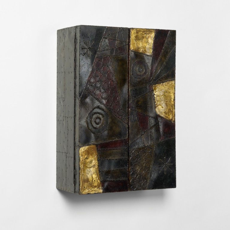 Paul Evans wall-mounted cabinet: Paul Evans wall-mounted cabinet Paul Evans Studio USA, 1969 welded and patinated steel, brass 24 w x 12.75 d x 26 h inches Cabinet features two doors concealing one adjustable shelf. Welded signature