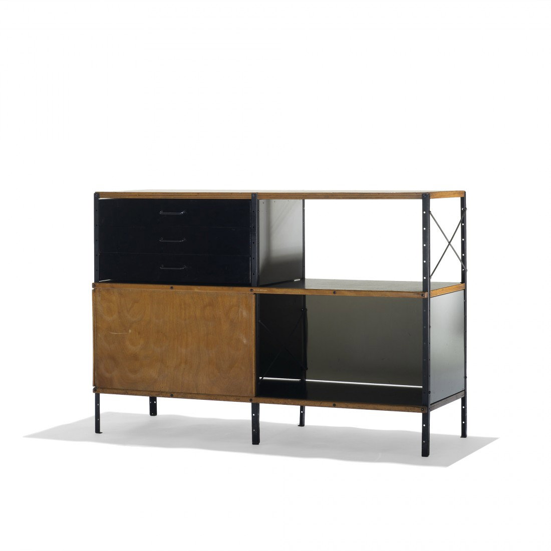Charles and Ray Eames ESU 220-N: Charles and Ray Eames ESU 220-N Herman Miller USA, 1950 walnut plywood, laminate, enameled steel, birch, birch plywood 47 w x 17 d x 32.5 h inches Signed with partial decal manufacturer's label to dra