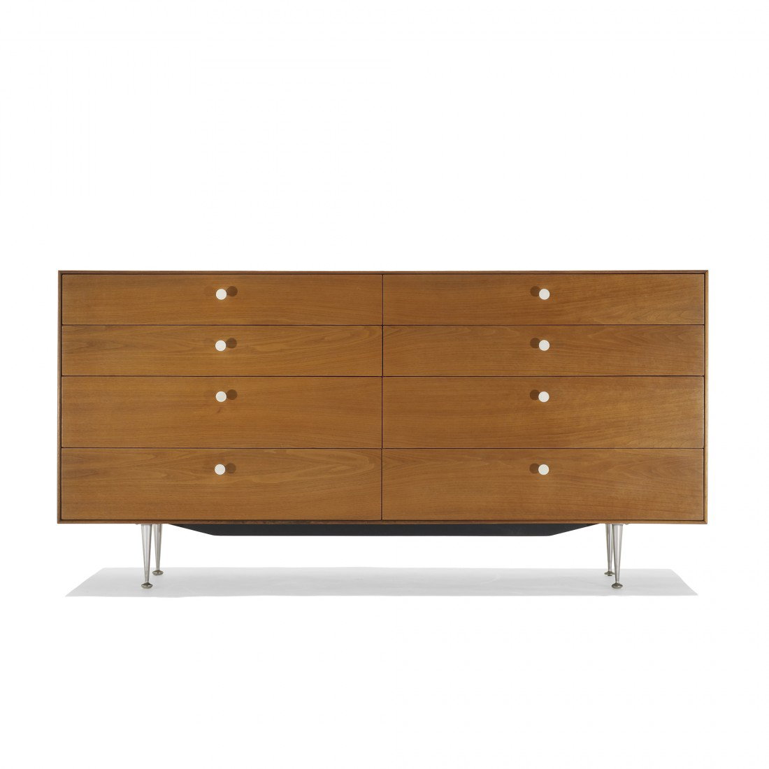 George Nelson & Associates Thin Edge cabinet: George Nelson & Associates Thin Edge cabinet Herman Miller USA, 1952 teak, aluminum, enameled steel 67.25 w x 19.25 d x 33.5 h inches Signed with applied disc manufacturer's label to drawer: [Designed