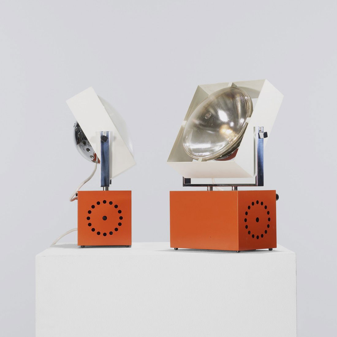 Angelo Lelli table lamps model 14008, pair: Angelo Lelli table lamps model 14008, pair Arredoluce Italy , c. 1968 enameled steel, chrome-plated brass, plastic 10 w x 4.5 d x 14 h inches Sold with original boxes. Signed with decal manufacturer's